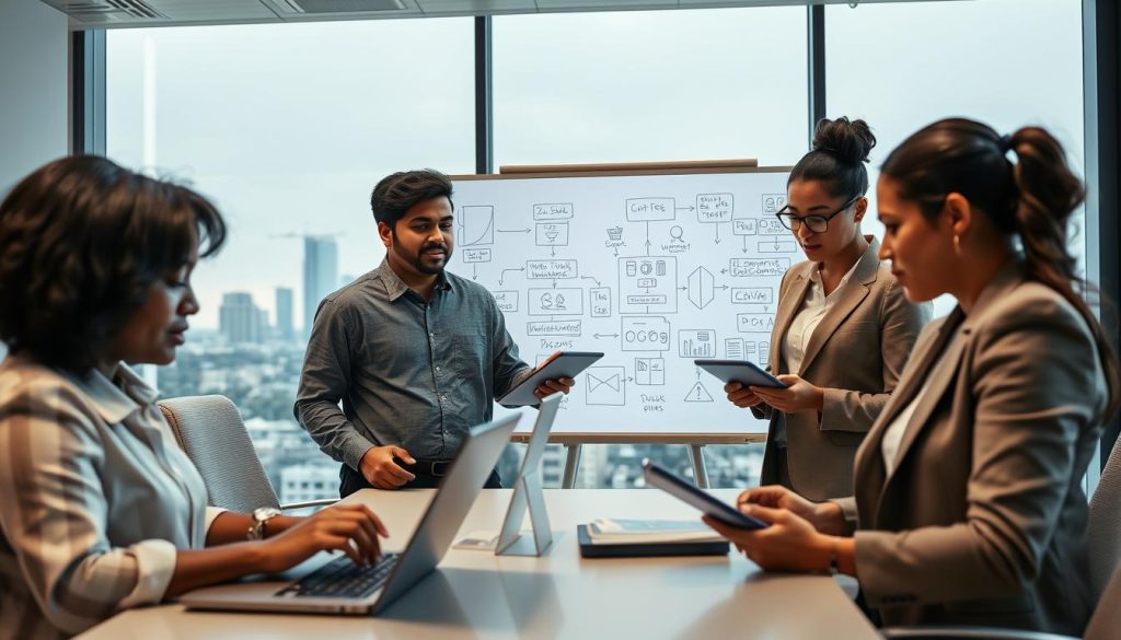 A modern office setting showcasing a diverse team of IT professionals engaged in various computer-related tasks. In the foreground, a focused Black woman in a business blouse is analyzing data on a laptop, while a South Asian man in a smart-casual shirt discusses project details with a Hispanic woman in a tailored blazer, both using digital tablets. The middle ground features a large digital whiteboard filled with brainstorming notes and flowcharts illustrating tech concepts. In the background, a sleek skyline view through large windows hints at an urban environment. Soft, diffused lighting creates a warm and collaborative atmosphere. The angle should be slightly tilted to emphasize the dynamic interaction among the team, conveying a sense of innovation and professionalism. Ensure all individuals are depicted in appropriate, professional attire. A modern office setting showcasing a diverse team of IT professionals engaged in various computer-related tasks. In the foreground, a focused Black woman in a business blouse is analyzing data on a laptop, while a South Asian man in a smart-casual shirt discusses project details with a Hispanic woman in a tailored blazer, both using digital tablets. The middle ground features a large digital whiteboard filled with brainstorming notes and flowcharts illustrating tech concepts. In the background, a sleek skyline view through large windows hints at an urban environment. Soft, diffused lighting creates a warm and collaborative atmosphere. The angle should be slightly tilted to emphasize the dynamic interaction among the team, conveying a sense of innovation and professionalism. Ensure all individuals are depicted in appropriate, professional attire.