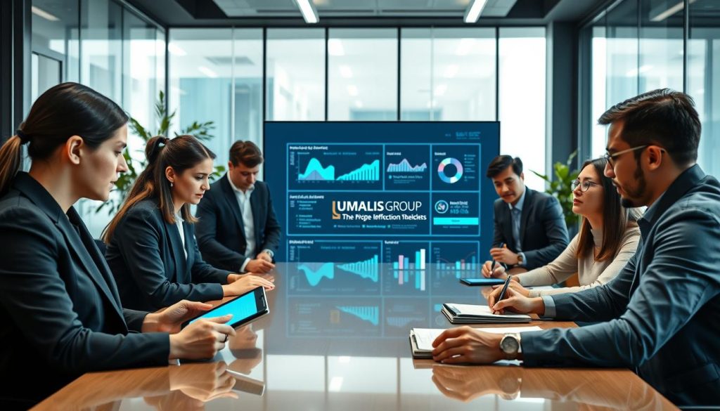 A modern office setting showcasing a diverse team of professional consultants collaborating around a large conference table, analyzing project deliverables for an AI consulting mission. In the foreground, a focused woman in business attire is presenting her ideas using a digital tablet, while a man in a suit takes notes intently. In the middle, a digital projection displays charts and graphs illustrating project timelines and deliverables, emphasizing planning and structure. The background consists of sleek office decor, including glass walls and greenery, creating a sense of innovation and professionalism. The lighting is bright and inviting, suggesting an atmosphere of collaboration and productivity. The logo "UMALIS GROUP" subtly appears on the digital presentation screen, reinforcing a brand identity centered on effective project management.
