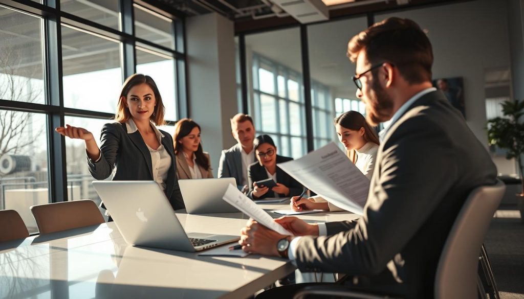 A modern office setting showcasing a group of diverse professionals engaged in a discussion about choosing a salary portage company for IT specialists. In the foreground, a confident woman in smart business attire is pointing at a laptop screen displaying data. Nearby, a man is taking notes while seated at a sleek conference table, visibly analyzing a document. In the background, large windows allow natural light to flood the room, enhancing the atmosphere of collaboration and strategy. The mood is focused and productive, emphasizing teamwork and expertise. Soft shadows cast by the afternoon sun create a warm yet professional ambiance, ideal for fostering meaningful conversations in the tech industry.