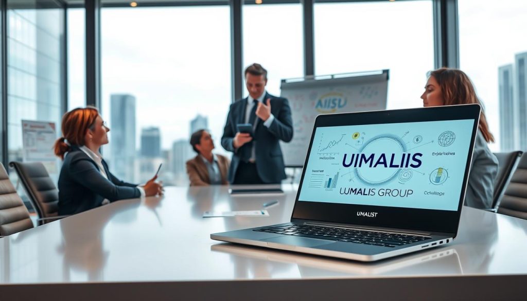 A modern office setting showcasing a professional AI consultant in a smart business suit, confidently discussing artificial intelligence strategies with a diverse group of clients seated around a sleek conference table. The foreground features a high-tech laptop open with AI data visualizations. In the middle ground, a whiteboard displays key concepts related to AI consultancy, illuminated by soft lighting. The background shows a city skyline through large windows, hinting at innovation and progress. The atmosphere feels collaborative and forward-thinking, emphasizing the value of AI consulting services. Include the brand name "UMALIS GROUP" subtly integrated into the scene with a sleek logo on the laptop screen. A modern office setting showcasing a professional AI consultant in a smart business suit, confidently discussing artificial intelligence strategies with a diverse group of clients seated around a sleek conference table. The foreground features a high-tech laptop open with AI data visualizations. In the middle ground, a whiteboard displays key concepts related to AI consultancy, illuminated by soft lighting. The background shows a city skyline through large windows, hinting at innovation and progress. The atmosphere feels collaborative and forward-thinking, emphasizing the value of AI consulting services. Include the brand name "UMALIS GROUP" subtly integrated into the scene with a sleek logo on the laptop screen.