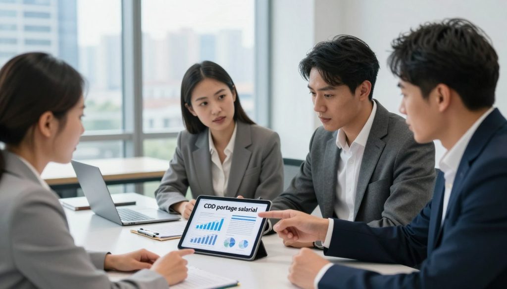 A modern office setting showcasing a professional business meeting about "CDD portage salarial." In the foreground, a diverse group of three business professionals, a male and two females, are engaged in deep discussion, pointing at a digital tablet displaying graphs and charts related to employment contracts and benefits. They are dressed in elegant business attire. In the middle ground, an office environment with a large window revealing a city skyline, bright natural light illuminating the space, creating a productive atmosphere. In the background, a sleek, minimalistic desk with a laptop and notepads, conveying a sense of organization and professionalism. The mood is focused, with an air of collaboration and strategic planning prevalent in the atmosphere. The angle captures the dynamism of the discussion and the clean lines of the modern office.