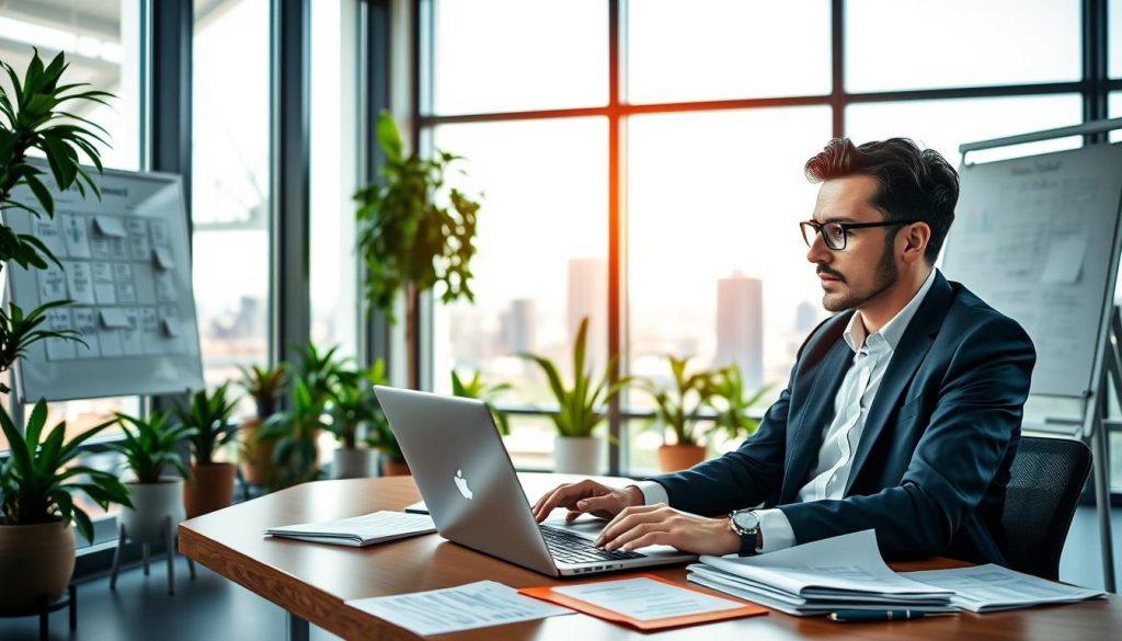 A modern office setting showcasing a professional consultant, dressed in business attire, sitting at a desk with a laptop open and financial documents organized around them. The foreground features the consultant actively engaging in a negotiation, visually depicting determination and focus. In the middle, a large window allows natural light to flood in, illuminating the room filled with plants and a whiteboard covered in strategy notes. The background reveals a cityscape through the window, symbolizing opportunity and growth. The atmosphere conveys professionalism and ambition. The Umalis Group logo subtly appears on the laptop screen, reinforcing the context of salary negotiation in portage salarial. A modern office setting showcasing a professional consultant, dressed in business attire, sitting at a desk with a laptop open and financial documents organized around them. The foreground features the consultant actively engaging in a negotiation, visually depicting determination and focus. In the middle, a large window allows natural light to flood in, illuminating the room filled with plants and a whiteboard covered in strategy notes. The background reveals a cityscape through the window, symbolizing opportunity and growth. The atmosphere conveys professionalism and ambition. The Umalis Group logo subtly appears on the laptop screen, reinforcing the context of salary negotiation in portage salarial.