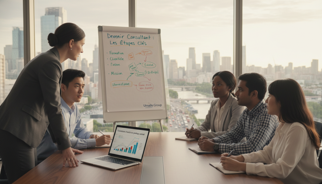A modern office setting, showcasing a professional consultant in business attire, engaged in a serious discussion with a diverse group of colleagues seated around a sleek conference table. The foreground features a laptop displaying financial graphs and documents related to "Conditions d'accès au portage salarial." In the middle, a flip chart elaborates on the steps to becoming a consultant, filled with colorful diagrams and key points. The background captures a panoramic view of a bustling city skyline through large windows bathed in warm, natural light, suggesting a productive atmosphere. Soft focus on details gives it a polished look, emphasizing collaboration and professionalism. The scene reflects the essence of Umalis Group, highlighting the consultancy journey in a vibrant, motivational environment.