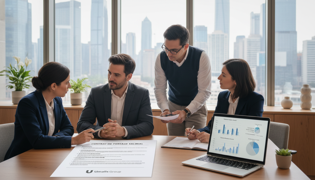 A modern office setting showcasing a professional contract for "portage salarial," laid out on a sleek wooden desk. In the foreground, a well-organized document with headings and bullet points detailing various clauses, including security and advantages. To the side, a laptop displays graphs and statistics related to freelance work. In the middle ground, a diverse group of four professionals dressed in business attire (a woman in a blazer, a man in a suit, and two individuals in smart casual wear) are discussing the contract, gesturing thoughtfully. The background features a large window with city skyline views, letting in soft, natural light that creates a warm atmosphere. Small plants and tasteful decor enhance the professional vibe. The Umalis Group logo subtly placed on the document's corner, emphasizing credibility without overpowering the image.