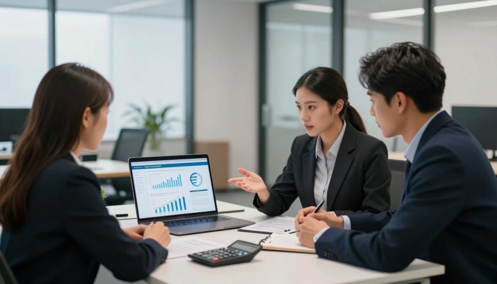 A modern office setting showcasing a professional workspace. In the foreground, a diverse group of three individuals portrayed in smart business attire, engaged in a discussion over a laptop displaying a salary simulation tool. The middle ground features a sleek desk filled with financial documents, a calculator, and a notepad with charts and graphs, symbolizing salary planning. The background consists of large windows that let in soft, ambient light, illuminating the room and creating a warm, productive atmosphere. The overall mood is focused and collaborative, highlighting the importance of understanding and managing one's salary in a portage salarial context. The image should have a balanced composition, with a slight depth of field to draw attention to the people and their interaction with the technology. A modern office setting showcasing a professional workspace. In the foreground, a diverse group of three individuals portrayed in smart business attire, engaged in a discussion over a laptop displaying a salary simulation tool. The middle ground features a sleek desk filled with financial documents, a calculator, and a notepad with charts and graphs, symbolizing salary planning. The background consists of large windows that let in soft, ambient light, illuminating the room and creating a warm, productive atmosphere. The overall mood is focused and collaborative, highlighting the importance of understanding and managing one's salary in a portage salarial context. The image should have a balanced composition, with a slight depth of field to draw attention to the people and their interaction with the technology.