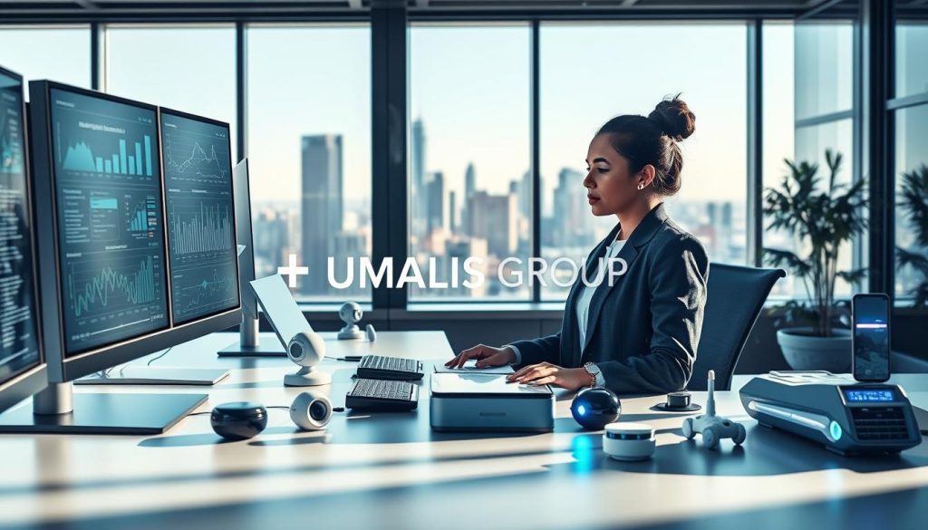 A modern office setting showcasing advanced artificial intelligence tools and agents. In the foreground, a sleek, high-tech workstation equipped with multiple monitors displaying data charts and AI algorithms. A professional businesswoman in modest attire is engaged with a touchscreen interface, analyzing metrics related to AI usage. In the middle ground, various AI-themed gadgets and devices, like smart assistants and robotic process automation tools, are thoughtfully arranged. The background features a large window with a city skyline, letting in natural light that enhances a productive atmosphere. Soft shadows create a calming yet focused ambiance, reflecting innovation and professionalism. Include the brand name "UMALIS GROUP" subtly integrated into the workspace design. A modern office setting showcasing advanced artificial intelligence tools and agents. In the foreground, a sleek, high-tech workstation equipped with multiple monitors displaying data charts and AI algorithms. A professional businesswoman in modest attire is engaged with a touchscreen interface, analyzing metrics related to AI usage. In the middle ground, various AI-themed gadgets and devices, like smart assistants and robotic process automation tools, are thoughtfully arranged. The background features a large window with a city skyline, letting in natural light that enhances a productive atmosphere. Soft shadows create a calming yet focused ambiance, reflecting innovation and professionalism. Include the brand name "UMALIS GROUP" subtly integrated into the workspace design.
