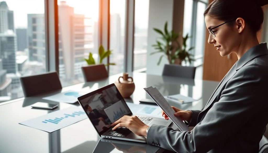A modern office setting showcasing limited company expense management. In the foreground, a professional woman in smart business attire is analyzing financial reports on a laptop, her expression focused and engaged. The middle ground features a sleek conference table with graphs, charts, and documents neatly arranged, indicating various business expenses. In the background, large windows let in natural light, illuminating the room and revealing a bustling cityscape outside. Subtle greenery adds a touch of freshness to the environment. The mood is professional, highlighting efficiency and strategy, with a clean and organized aesthetic. The brand name "Umalis Group" is subtly referenced through a decorative element on the conference table, seamlessly integrated into the scene without overpowering the composition.