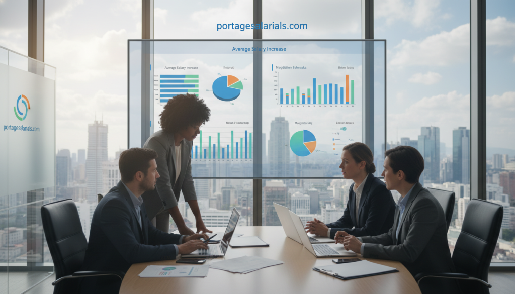 A modern office setting showcasing "portage salarial" and salary negotiation strategies. In the foreground, a diverse group of four professionals in smart business attire is engaged in a focused discussion around a sleek conference table, with laptops and documents in view. The middle section features a large digital screen displaying graphs and charts relevant to negotiations. The background has a panoramic cityscape view through glass windows, hinting at possibilities and opportunities. Soft, natural lighting filters in, creating an atmosphere of collaboration and strategic thinking. The composition conveys a sense of professionalism, teamwork, and determination, emphasizing the theme of preparation for salary negotiation strategies. Include branding subtly with "portagesalarials.com" in the office environment, underscoring the focus on professional consultancy.