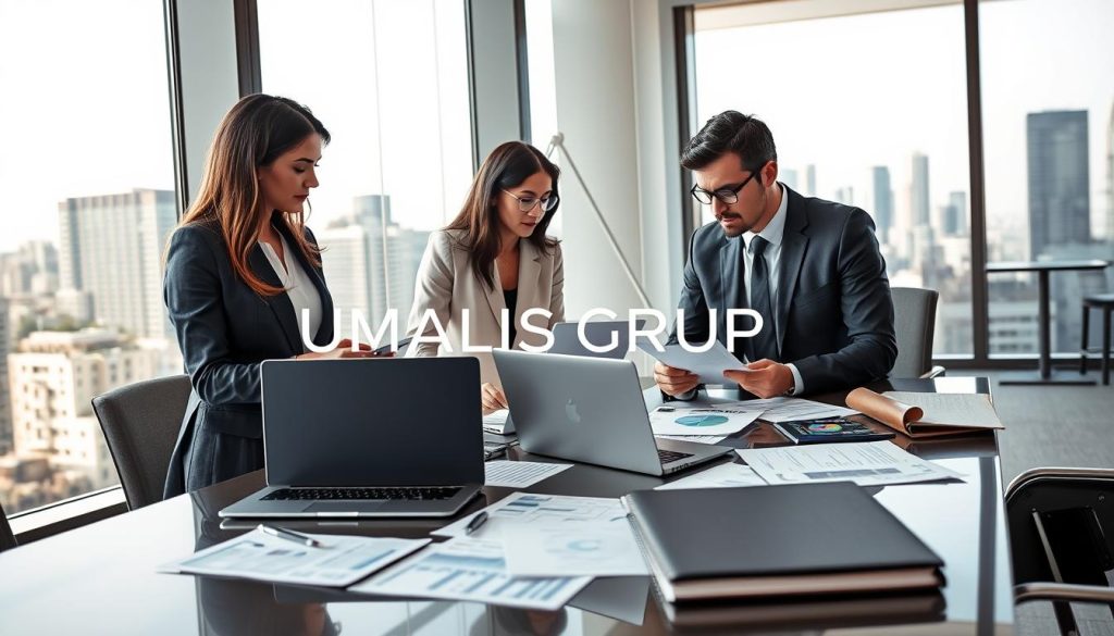 A modern office setting showcasing professionals engaged in financial discussions. In the foreground, a diverse group of two women and one man in professional business attire, deeply focused on analyzing financial documents and reports. The middle ground features a sleek conference table filled with laptops, charts, and financial papers, symbolizing finance and compliance work. In the background, large windows reveal a city skyline, letting in natural light that creates a bright and productive atmosphere. The mood is collaborative and professional, with an emphasis on expertise and analysis in the finance sector. Subtle branding for "UMALIS GROUP" can be included on a sleek presentation screen or in a stylish notebook on the table.