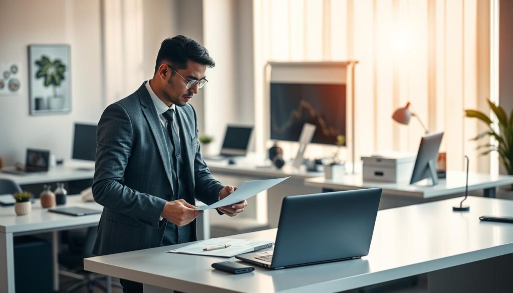 A modern office setting, showcasing the advantages of Umalis Group's salarial portage solution for independent professionals. In the foreground, a well-dressed individual, possibly a consultant or freelancer, confidently reviews documents on a sleek, minimalist desk. The middle ground features an array of office equipment and decor, conveying a sense of productivity and professionalism. The background is bathed in warm, natural lighting, creating a calming and inviting atmosphere. The overall scene exudes a sophisticated, forward-thinking vibe, reflecting the benefits of Umalis Group's salarial portage service for independent workers.