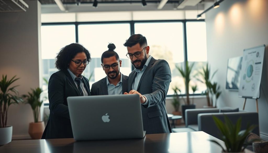 A modern office setting showcasing the advantages of hybrid business models for companies and consultants. In the foreground, a diverse group of three professionals—two men and one woman—all in professional business attire, engaged in a collaborative discussion over a laptop. The middle layer features a large window that allows natural light to flood the space, illuminating a sleek, minimalist design with plants and modern furniture. In the background, a whiteboard displays strategic planning notes, suggesting a dynamic work environment. The atmosphere feels innovative and collaborative, reflecting a blend of technology and teamwork, with warm, inviting lighting that enhances the professional yet relaxed mood.