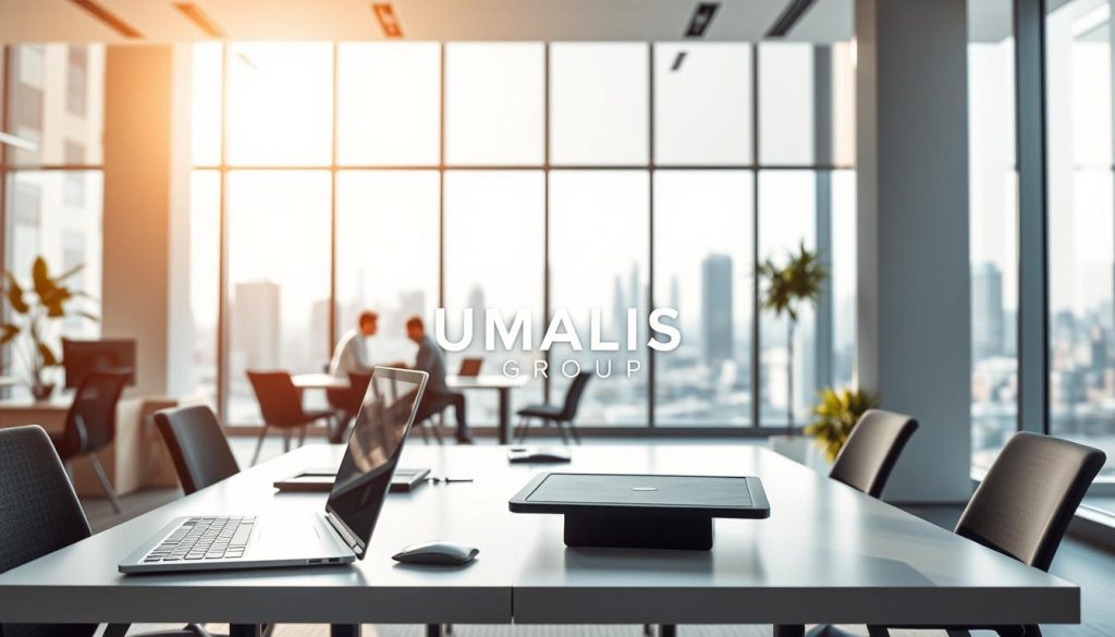 A modern office setting, showcasing the advantages of salarial portage for design professionals. In the foreground, a sleek, ergonomic workspace with a laptop, design tablet, and a minimalist UMALIS GROUP logo. The middle ground features a team of designers collaborating, capturing the security and flexibility of salarial portage. The background boasts floor-to-ceiling windows, flooding the space with warm, natural light and a cityscape skyline, representing the professional opportunities enabled by this employment model. The overall atmosphere is one of productivity, innovation, and work-life balance.