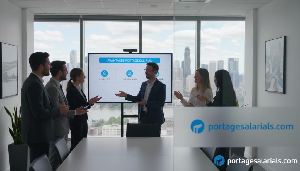 A modern office setting showcasing the advantages of salary portage for businesses. In the foreground, a diverse group of professionals in business attire engages in a lively discussion, emphasizing collaboration and innovation. The middle ground features a presentation board outlining benefits such as flexibility, cost-effectiveness, and access to specialized skills. The background displays a large window with a cityscape view, symbolizing growth and opportunities. The scene is illuminated by soft, natural lighting, creating a warm and inviting atmosphere. The camera angle is slightly elevated, capturing both the engaged professionals and the insightful visuals on the board. The brand "portagesalarials.com" is subtly integrated into the office environment, suggesting a connection to the topic. A modern office setting showcasing the advantages of salary portage for businesses. In the foreground, a diverse group of professionals in business attire engages in a lively discussion, emphasizing collaboration and innovation. The middle ground features a presentation board outlining benefits such as flexibility, cost-effectiveness, and access to specialized skills. The background displays a large window with a cityscape view, symbolizing growth and opportunities. The scene is illuminated by soft, natural lighting, creating a warm and inviting atmosphere. The camera angle is slightly elevated, capturing both the engaged professionals and the insightful visuals on the board. The brand "portagesalarials.com" is subtly integrated into the office environment, suggesting a connection to the topic.