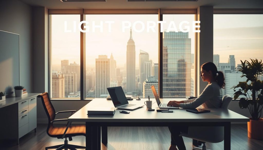 A modern office setting showcasing the benefits of "LIGHT PORTAGE" portage salarial. The foreground depicts a professional working at a minimalist desk, surrounded by sleek tech and organizational tools. The middle ground features a large window overlooking a bustling city skyline, symbolizing the flexibility and connectivity of this employment model. The background is bathed in warm, natural lighting, creating a serene and productive atmosphere. The overall scene conveys the security, autonomy, and work-life balance offered by "LIGHT PORTAGE" portage salarial.