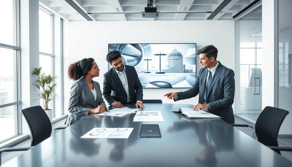 A modern office setting showcasing the concept of "Limites portage salarial." In the foreground, a diverse group of three professionals in smart business attire are gathered around a sleek conference table, analyzing documents and charts reflecting regulations. One person points to a graphic illustrating limitations in the portage salarial system. In the middle ground, a large digital screen displays abstract visuals, symbolizing legal frameworks and boundaries. The background features a bright, contemporary office with large windows letting in natural light, which creates a professional and productive atmosphere. The color palette should be cool and sophisticated, with blues and grays predominating. The mood is serious yet collaborative, emphasizing the importance of understanding restrictions in this professional context. Include the brand name "Umalis Group" subtly in the office decor, like a logo on a wall or on the documents.