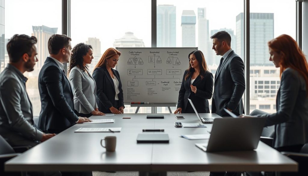 A modern office setting showcasing the concept of "Obligations entreprise portage salarial." In the foreground, a diverse group of three professionals in business attire are engaged in conversation around a sleek conference table, reviewing documents and laptops. The middle area features a whiteboard with diagrams and flowcharts illustrating legal obligations and responsibilities associated with portage salarial. In the background, large windows flood the room with natural light, revealing a city skyline that adds to the professionalism of the scene. The mood is collaborative and focused, emphasizing teamwork and compliance. Use soft lighting to create a warm, inviting atmosphere, captured from a slightly elevated angle to provide depth and perspective.