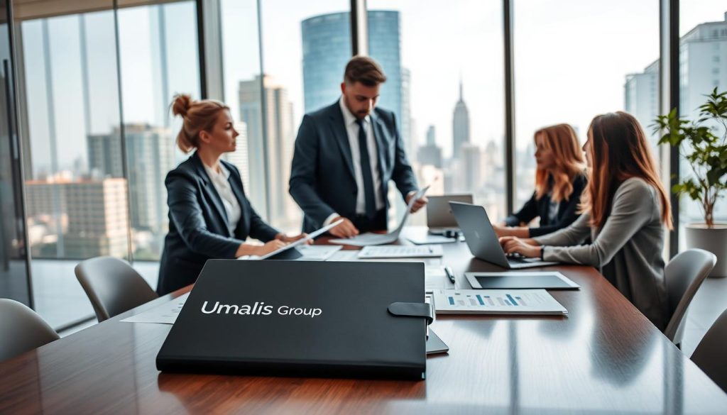 A modern office setting showcasing the concept of Portage Salarial provider payroll and employment support. In the foreground, a professional consultant in business attire is engaging with clients, discussing documents and financial reports. The middle ground features a large table with laptops, charts, and legal paperwork, symbolizing organization and efficient workflow. In the background, a sleek glass wall reveals a vibrant cityscape, hinting at a bustling business environment. Soft, natural lighting brightens the office, creating a welcoming atmosphere. The scene conveys professionalism and trust, with the brand name "Umalis Group" displayed on a branded folder on the table. The angle captures a dynamic perspective, emphasizing collaboration and support. A modern office setting showcasing the concept of Portage Salarial provider payroll and employment support. In the foreground, a professional consultant in business attire is engaging with clients, discussing documents and financial reports. The middle ground features a large table with laptops, charts, and legal paperwork, symbolizing organization and efficient workflow. In the background, a sleek glass wall reveals a vibrant cityscape, hinting at a bustling business environment. Soft, natural lighting brightens the office, creating a welcoming atmosphere. The scene conveys professionalism and trust, with the brand name "Umalis Group" displayed on a branded folder on the table. The angle captures a dynamic perspective, emphasizing collaboration and support.