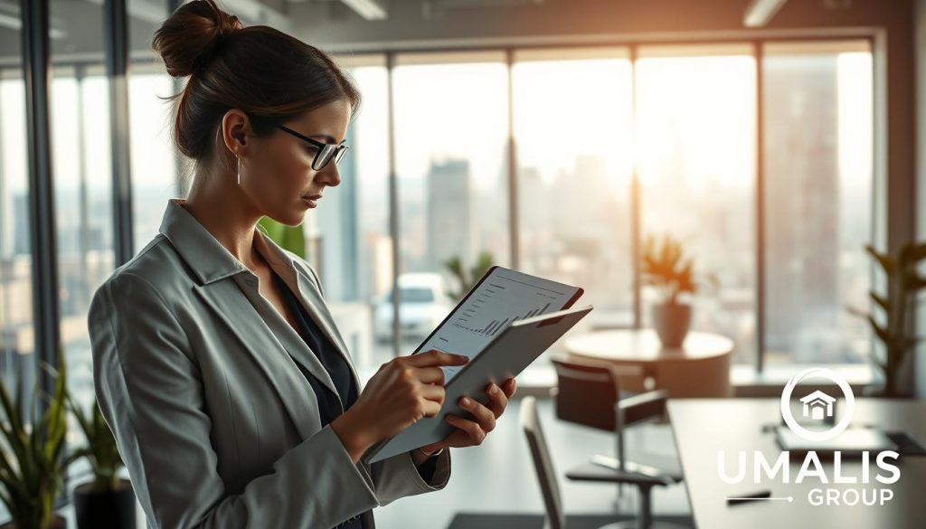 A modern office setting showcasing the concept of "frais gestion" in the context of portage salarial. In the foreground, a sophisticated businesswoman in professional attire is analyzing charts and documents on a tablet, with a look of concentration. In the middle ground, a large glass window reveals a bustling cityscape under daylight, symbolizing opportunity and growth. The background features contemporary office furniture, plants, and a sleek desk arranged neatly. Soft, natural lighting filters through the window, creating an inviting atmosphere. The overall mood conveys professionalism and clarity, with an emphasis on informed decision-making. Include the logo of "UMALIS GROUP" subtly incorporated into the scene. A modern office setting showcasing the concept of "frais gestion" in the context of portage salarial. In the foreground, a sophisticated businesswoman in professional attire is analyzing charts and documents on a tablet, with a look of concentration. In the middle ground, a large glass window reveals a bustling cityscape under daylight, symbolizing opportunity and growth. The background features contemporary office furniture, plants, and a sleek desk arranged neatly. Soft, natural lighting filters through the window, creating an inviting atmosphere. The overall mood conveys professionalism and clarity, with an emphasis on informed decision-making. Include the logo of "UMALIS GROUP" subtly incorporated into the scene.