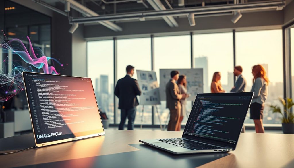 A modern office setting showcasing the concept of language models and professional monitoring, with a sleek desk in the foreground featuring an open laptop displaying code related to LLM (large language models). The middle ground includes abstract representations of AI generative systems, like colorful data visualizations and neural networks flowing from the screen. In the background, large windows let in soft, natural light, revealing a cityscape that symbolizes innovation. The atmosphere is one of focused productivity and technological advancement. There is a diverse group of professionals in business attire, collaborating and discussing ideas around a whiteboard filled with flowcharts. Include the brand name "UMALIS GROUP" subtly integrated into the office decor. The overall mood is inspiring and forward-thinking.