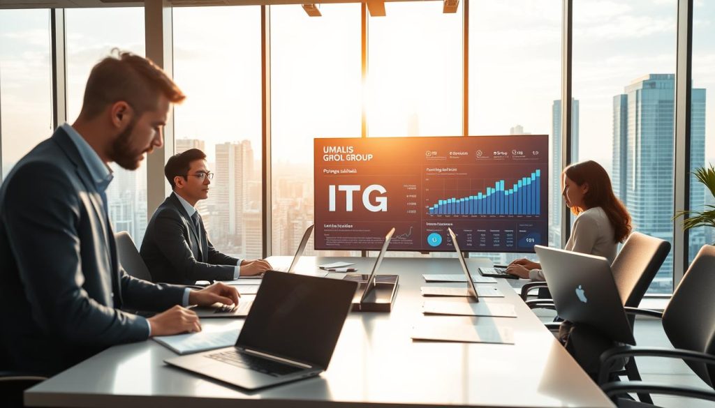 A modern office setting showcasing the concept of "portage salarial" with a focus on ITG. In the foreground, a professional-looking individual in smart business attire, confidently discussing with a colleague at a sleek conference table cluttered with laptops and documents. In the middle, a large digital display shows data analytics related to ITG services, symbolizing clarity and support for professionals. The background features large windows overlooking a vibrant cityscape, filled with sunlight filtering through, creating a bright and optimistic atmosphere. The room is designed with contemporary furnishings, adding elegance. Capture the essence of collaboration and professionalism, with a soft focus effect emphasizing the subjects, while the brand name "UMALIS GROUP" is subtly incorporated into the design of the digital display. A modern office setting showcasing the concept of "portage salarial" with a focus on ITG. In the foreground, a professional-looking individual in smart business attire, confidently discussing with a colleague at a sleek conference table cluttered with laptops and documents. In the middle, a large digital display shows data analytics related to ITG services, symbolizing clarity and support for professionals. The background features large windows overlooking a vibrant cityscape, filled with sunlight filtering through, creating a bright and optimistic atmosphere. The room is designed with contemporary furnishings, adding elegance. Capture the essence of collaboration and professionalism, with a soft focus effect emphasizing the subjects, while the brand name "UMALIS GROUP" is subtly incorporated into the design of the digital display.