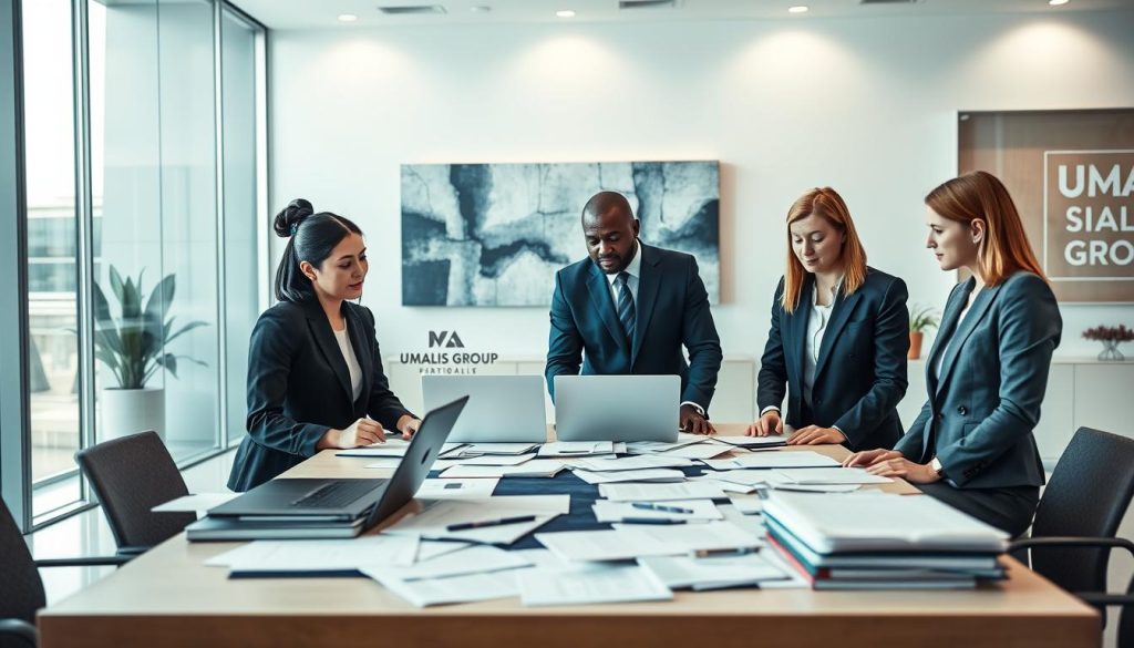 A modern office setting showcasing the concept of salary portage services. In the foreground, a diverse group of three professionals—an Asian woman, a Black man, and a Caucasian woman—all dressed in smart business attire, are engaged in a discussion around a large table cluttered with documents and laptops. In the middle ground, a sleek, modern conference room with large glass windows allows natural light to flood in, reflecting a sense of collaboration and transparency. The background features abstract artwork on the walls, enhancing the professional atmosphere. The overall mood is focused and optimistic, illustrating the importance of assessing additional services provided beyond just commission percentages. Include the brand name "UMALIS GROUP" subtly integrated into the office decor.