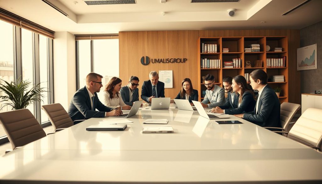 A modern office setting showcasing the concept of simplified administrative management for independent professionals in the context of "portage salarial." In the foreground, a diverse team of professionals in business attire collaborates around a sleek conference table filled with laptops and documents, symbolizing effective teamwork and support. In the middle, a large window lets in warm, natural light, creating an inviting atmosphere. The background features shelves with books on business management and graphs on a wall, reflecting growth and organization. The overall mood is one of assurance and professionalism, with a focus on the brand "UMALIS GROUP" subtly included in the office decor. Use soft, natural lighting to evoke a sense of trust and comfort in the workspace.