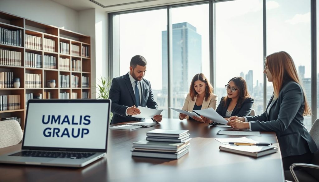 A modern office setting showcasing the concept of "société portage." In the foreground, a diverse group of three professionals in business attire engage in a discussion around a large conference table, examining contracts and documents. To the left, a laptop displays the brand name "UMALIS GROUP." In the middle ground, sunlight streams through large windows, creating a bright and inviting atmosphere. Bookshelves filled with legal and financial texts line the walls, while a potted plant adds a touch of greenery. In the background, a sleek city skyline is visible, enhancing the professional mood. The scene should evoke a sense of collaboration, professionalism, and the legal framework surrounding portage salarial. Use soft, natural lighting and a shallow depth of field to focus on the subjects and their engagement.