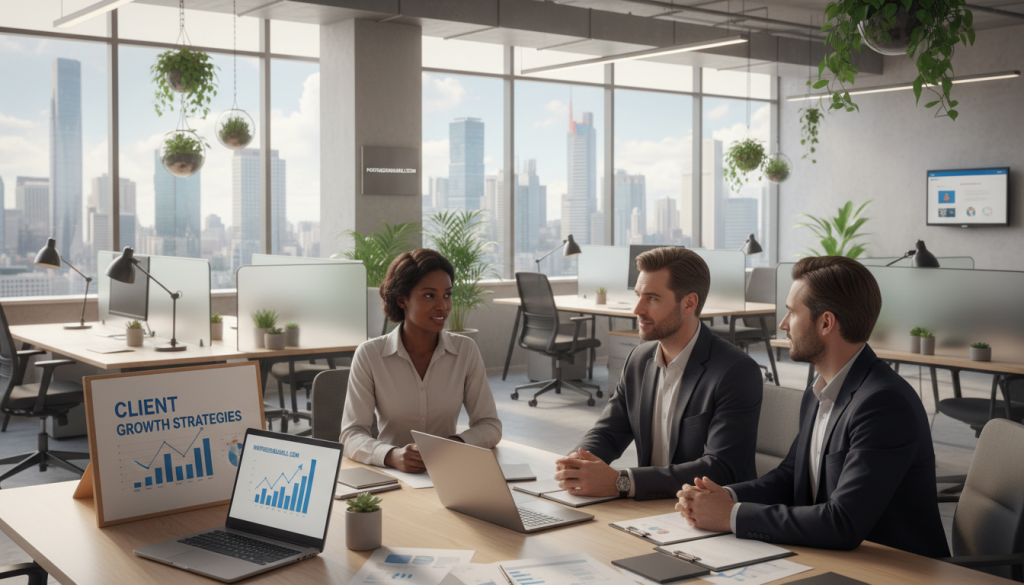 A modern office setting showcasing the theme of client development in a portage salarial context. In the foreground, a diverse group of three professionals, one Black woman and two Caucasian men, are engaged in a discussion, dressed in smart business attire. They are surrounded by laptops, documents, and charts illustrating client growth strategies. In the middle ground, an open workspace with glass partitions and greenery, enhancing a productive atmosphere. The background features a cityscape view through large windows, symbolizing growth and opportunity. The overall lighting is bright and professional, with soft natural light filtering in, creating a welcoming mood. This image represents the essence of developing client relationships in a portage salarial framework. Include the brand name "portagesalarials.com" subtly integrated into the office environment.