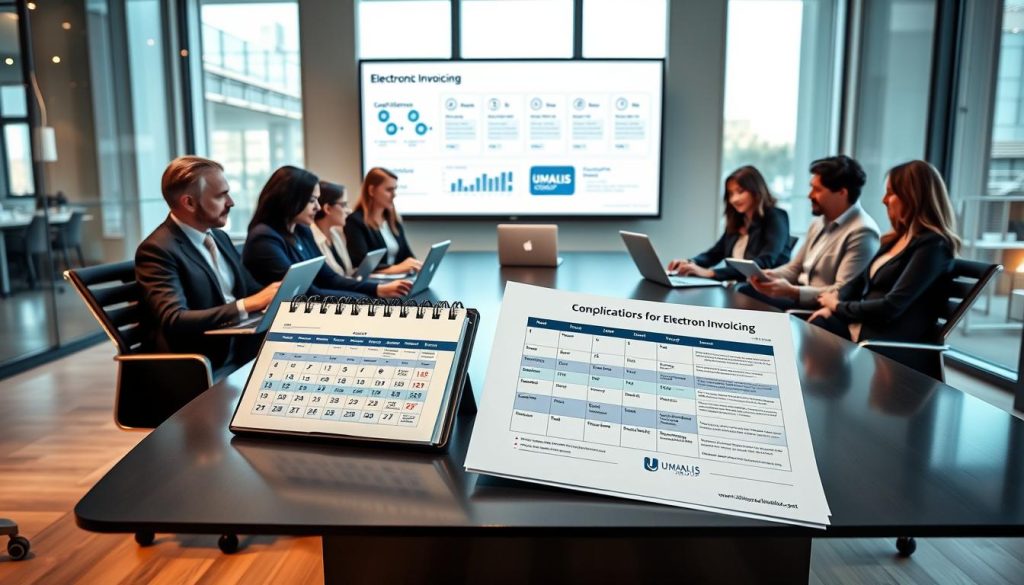 A modern office setting showcasing the theme of electronic invoicing, featuring a detailed calendar and compliance documents prominently displayed on a sleek conference table. In the foreground, a diverse group of professional consultants, dressed in smart business attire, is engaged in collaboration, using laptops and tablets, discussing strategies for implementing electronic invoicing. The middle ground includes charts and diagrams on a wall screen illustrating the timeline and steps from planning to execution. The background features large windows with natural light streaming in, creating an uplifting and productive atmosphere. The scene conveys a sense of innovation and teamwork, with a subtle logo of "UMALIS GROUP" visible on the documents. Soft, warm lighting enhances the collaborative mood, making it inviting yet professional.