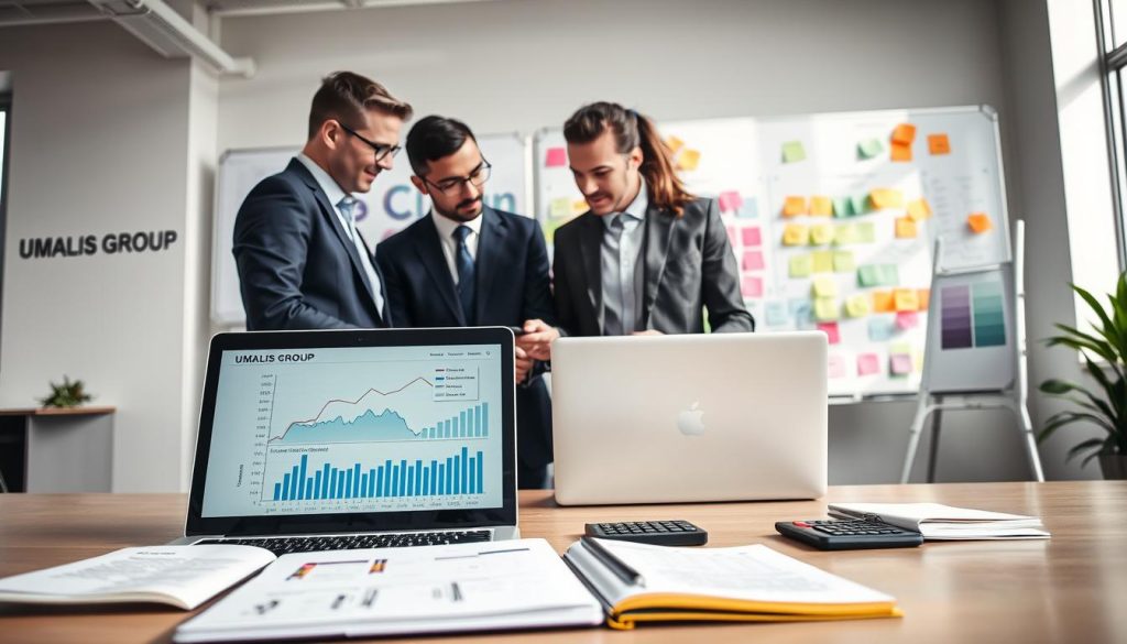 A modern office setting showcasing various simulation tools for self-employed workers in a salary portage system. In the foreground, a laptop displays graphs and financial forecasts. Beside it, an open notebook with calculations and a calculator. In the middle, a group of three diverse business professionals in smart attire (two men and one woman) collaborates over the laptop, discussing ideas. The background includes a whiteboard filled with colorful charts and sticky notes representing project planning and financial projections. Bright, natural lighting streams through large windows, enhancing an atmosphere of productivity and innovation. The brand name "UMALIS GROUP" is subtly incorporated into the workspace decor. The overall mood is focused and engaging, suitable for a professional article on financial simulation tools.