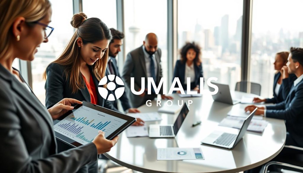 A modern office setting showing a diverse group of professionals engaged in a discussion about business strategies. In the foreground, a well-dressed woman points at a digital tablet displaying financial graphs and project outlines. In the middle, a group of three professionals of varying ethnicities, attired in business attire, gather around a sleek conference table adorned with laptops and documents. In the background, large windows let in natural light, revealing a city skyline that symbolizes growth and opportunity. The atmosphere is collaborative and focused, reflecting a professional environment. The logo "UMALIS GROUP" is subtly integrated into the scene, perhaps on a screen or a notepad, emphasizing the branding without overwhelming the composition. The overall mood is optimistic and dynamic, ideal for conveying the essence of business management.
