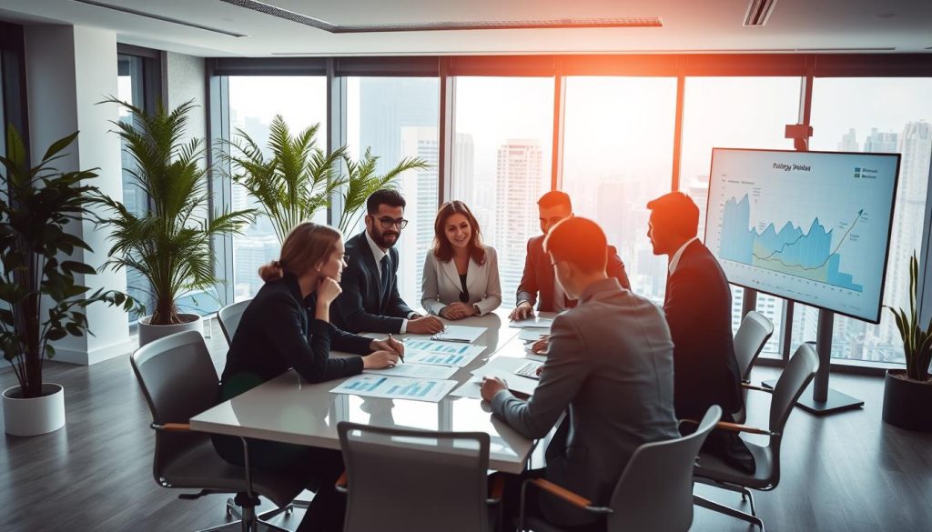 A modern office setting that embodies the concept of financial optimization and administrative management in the context of portage salarial. In the foreground, a diverse group of professionals in business attire engaged in a collaborative discussion around a sleek conference table, with charts and graphs illustrating revenue flows and growth strategies laid out on the table. In the middle ground, a large window lets in bright, natural light, reflecting a vibrant cityscape outside, symbolizing opportunity and progress. The background features a digital screen displaying data analytics surrounded by lush indoor plants, creating a balanced, professional atmosphere. The overall mood is focused and optimistic, suggesting teamwork and efficiency, captured with a wide-angle lens to enhance depth.