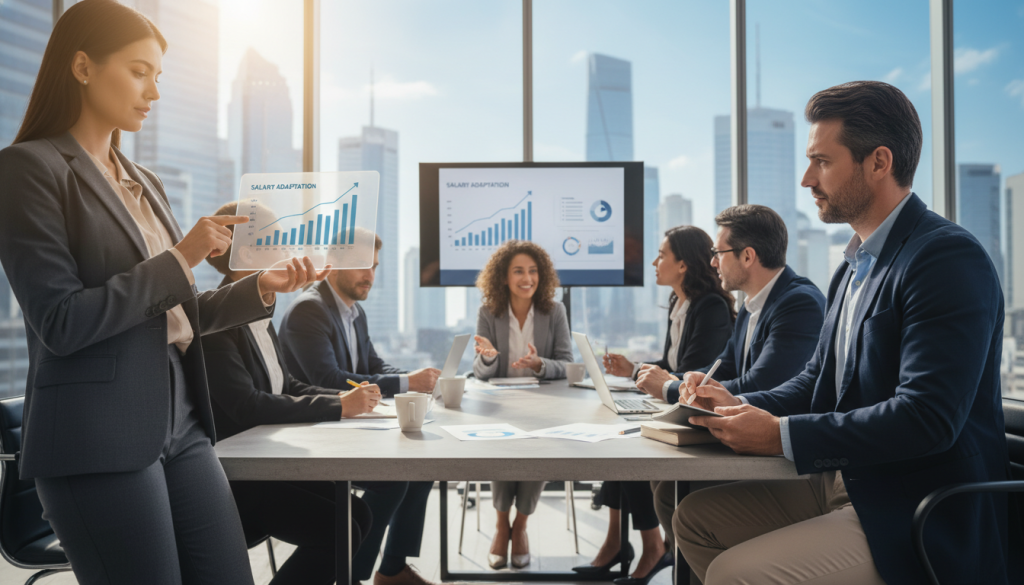 A modern office setting where a diverse group of professionals is discussing business strategies, embodying the theme of adapting salary portage to individual profiles. In the foreground, a confident woman in a tailored suit points at a digital tablet, showing growth charts, while a thoughtful man in smart casual attire listens intently, taking notes. In the middle ground, a large window with natural light streams in, illuminating a contemporary conference table surrounded by more engaged professionals collaborating enthusiastically. The background features a city skyline visible through the glass, reflecting the professional atmosphere. The scene is vibrant and dynamic, suggesting innovation and personalized solutions in business. Soft, natural lighting creates a positive mood. The logo "Umalis Group" is subtly incorporated into the digital content being discussed, without overt branding.