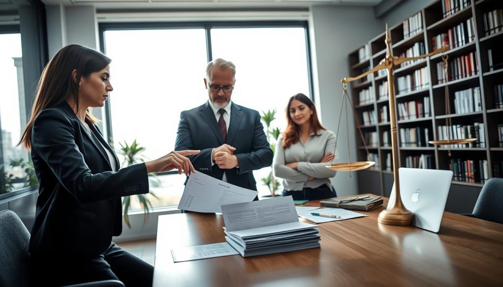 A modern office setting where a diverse group of three professionals are discussing legal documents related to "portage salarial." In the foreground, a young woman in professional business attire is pointing at a contract on the table. Beside her, a middle-aged man in a sharp suit is taking notes, while a woman in smart casual clothes is thoughtfully looking at a laptop. The middle of the scene features a large window letting in natural light, creating a bright atmosphere. In the background, bookshelves filled with legal texts and a large scale model of a balanced scale of justice, symbolizing law and legality, add depth. The mood is collaborative and focused, highlighting the importance of understanding legal obligations.