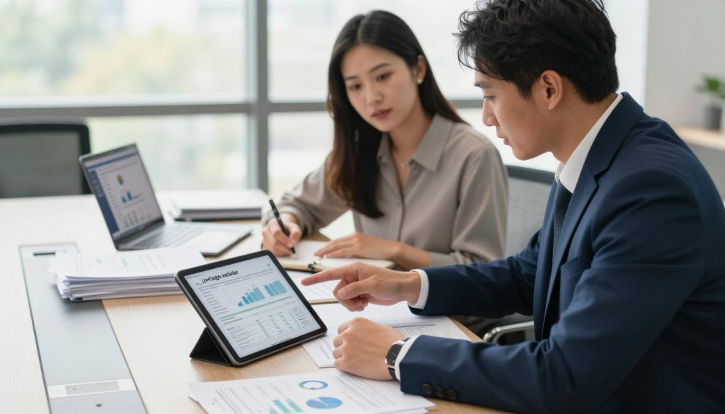A modern office setting where two professionals, a man and a woman, are engaged in a detailed discussion about financial documents on a sleek conference table. In the foreground, the man, wearing a sharp navy suit, points at a digital tablet displaying graphs and invoices, while the woman, in a smart blouse, takes notes. The middle ground features stacks of paperwork and a laptop open with financial software visible. In the background, large windows allow natural light to flood the space, creating an inviting atmosphere. Soft shadows enhance the professional mood, while a warm color palette emphasizes focus and clarity. The scene reflects the transition from invoice to salary, encapsulating the essence of "portage salarial."
