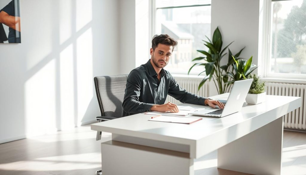 A modern office setting with a LIGHT PORTAGE salarial employee working diligently at a sleek, minimalist desk. Natural light floods the space, casting a warm, productive atmosphere. The employee's attentive posture and focused expression convey the responsibilities and obligations of a salaried worker, surrounded by a neatly organized workspace with a laptop, paperwork, and a plants adding a touch of greenery. The overall scene reflects the professionalism and commitment required in the salarial portage role.