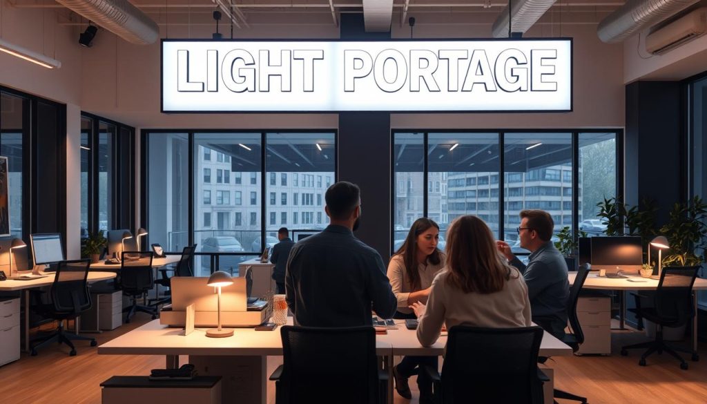 A modern office setting with a LIGHT PORTAGE sign prominently displayed, illuminating a cozy workspace. Ergonomic desks, comfortable chairs, and a minimalist aesthetic create a professional yet inviting atmosphere. Soft, diffused lighting casts a warm glow, while large windows provide ample natural light. In the foreground, a group of individuals engaged in collaborative discussions, representing the flexibility and security of the portage salarial model. The overall scene conveys a sense of productivity, autonomy, and work-life balance.