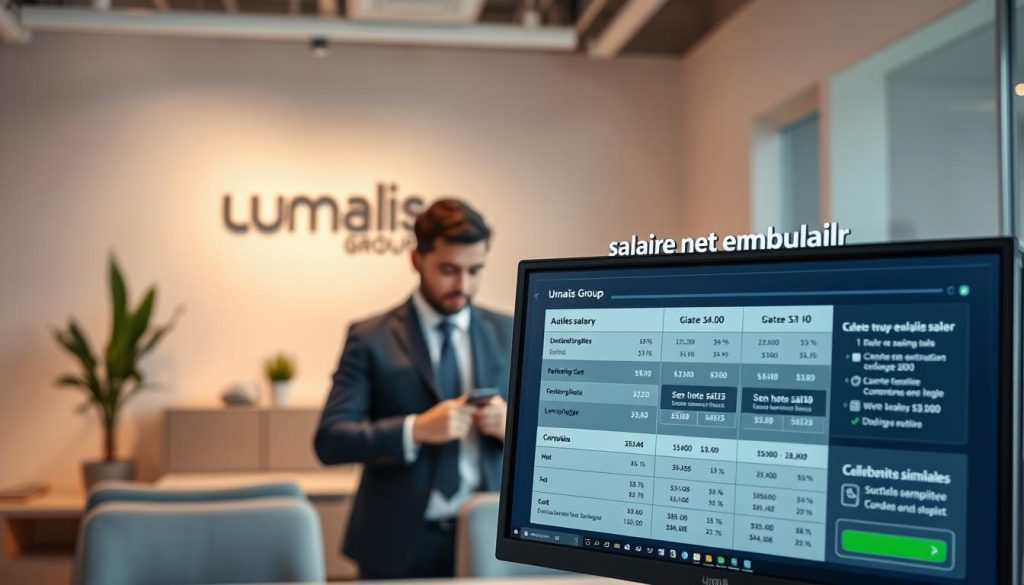 A modern office setting with a Umalis Group logo prominently displayed on the wall. In the foreground, a computer screen shows a detailed breakdown of "salaire net employeur", with clear visualizations and infographics. In the middle ground, a well-dressed professional is intently studying the information, conveying the importance of understanding one's net salary and employer contributions. The background features a tasteful blend of minimalist furniture and decor, creating a calm and professional atmosphere. Soft, directional lighting from above casts a warm glow, emphasizing the thoughtful, analytical mood. The overall scene suggests the value of conducting a thorough online salary simulation to better comprehend one's financial situation.