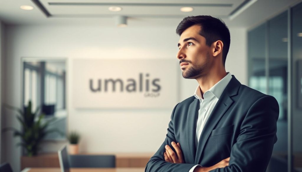 A modern office setting with a businessman in the foreground, dressed in a sharp suit, deep in thought as he contemplates his options for building an effective client base. The background features the Umalis Group logo, symbolizing the professional portage salarial services that enable this strategic decision-making. Soft, diffused lighting creates a pensive atmosphere, while the clean, minimalist design of the office space reflects the precision and focus required to choose the right clients. The overall scene conveys the importance of carefully selecting one's clientele for successful portage salarial.