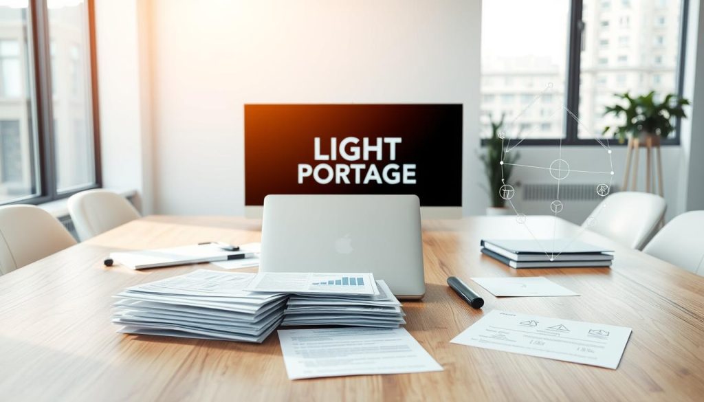 A modern office setting with a clean, minimalist aesthetic. A wooden desk with a laptop and scattered documents take center stage, illuminated by soft, natural lighting from large windows. In the background, a sleek, branded display showcases the "LIGHT PORTAGE" logo, emphasizing the specialized nature of the content. Delicate lines and diagrams float around the desk, visualizing the complex rules and regulations surrounding VAT in the freelance employment sector. The overall mood is one of professionalism, clarity, and attention to detail, reflecting the importance of understanding the specific tax guidelines for this unique work arrangement.