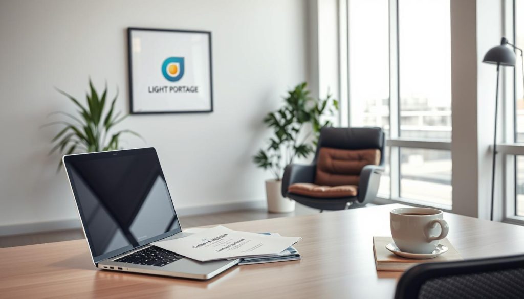 A modern office setting with a clean, professional atmosphere. In the foreground, a neatly organized desk displays a laptop, a cup of coffee, and a folder labeled "Critères éligibilité salarié porté". On the wall behind the desk, a framed logo for "Light Portage" is prominently displayed. The middle ground features a comfortable leather chair and a potted plant, creating a sense of balance and tranquility. The background showcases floor-to-ceiling windows, allowing natural light to filter in and illuminate the space. The overall tone is one of efficiency, clarity, and attention to detail, reflecting the subject matter of the "Critères d'éligibilité et conditions du salarié porté" section.