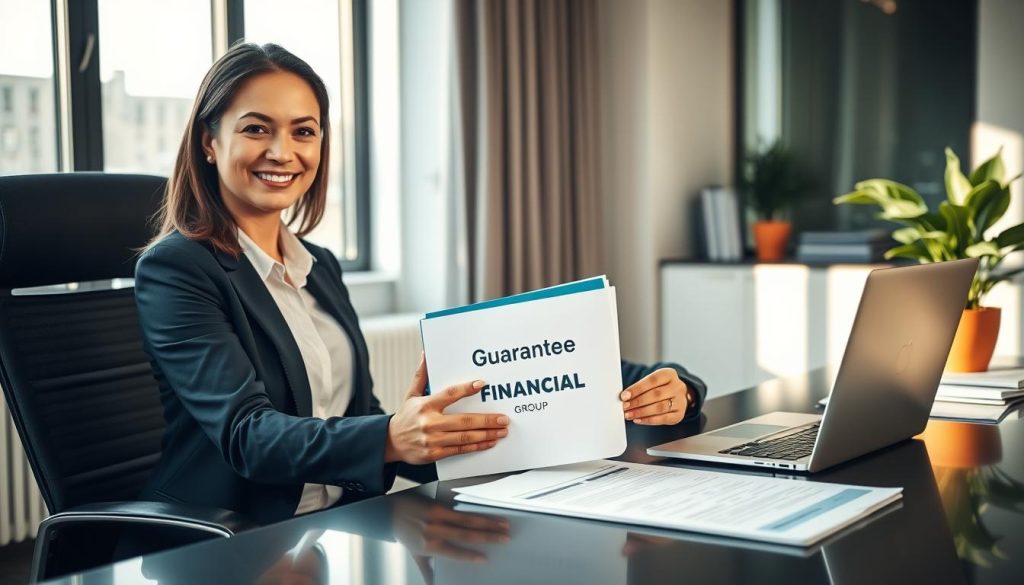 A modern office setting with a confident professional woman in her 30s wearing formal business attire, sitting at a sleek desk filled with documents and a laptop. In her hands, she holds a folder labeled "Guarantee Financial" with the brand name "UMALIS GROUP" clearly visible. On the desk, a potted plant adds a touch of greenery, while a window in the background allows soft, natural light to stream in, casting gentle shadows across the workspace. The atmosphere conveys a sense of security and stability, emphasizing the importance of financial guarantees for freelance workers. The image should be captured from a mid-angle perspective, focusing on the subject and her workspace, evoking a feeling of professionalism and calm assurance in her career journey. A modern office setting with a confident professional woman in her 30s wearing formal business attire, sitting at a sleek desk filled with documents and a laptop. In her hands, she holds a folder labeled "Guarantee Financial" with the brand name "UMALIS GROUP" clearly visible. On the desk, a potted plant adds a touch of greenery, while a window in the background allows soft, natural light to stream in, casting gentle shadows across the workspace. The atmosphere conveys a sense of security and stability, emphasizing the importance of financial guarantees for freelance workers. The image should be captured from a mid-angle perspective, focusing on the subject and her workspace, evoking a feeling of professionalism and calm assurance in her career journey.