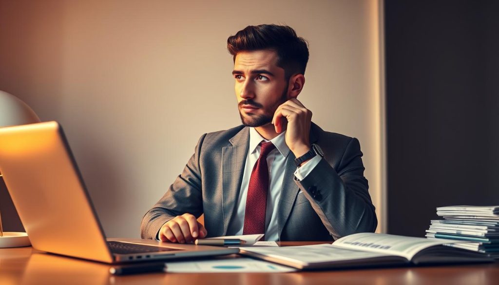 A modern office setting with a consultant in a suit and tie, surrounded by financial documents, charts, and a laptop displaying the UMALIS GROUP logo. Soft, warm lighting illuminates the scene, creating a professional and authoritative atmosphere. The consultant is deep in thought, with a pensive expression, representing the expertise and problem-solving skills associated with finance-related portage salarial services. The background features a clean, minimalist design, allowing the subject to take center stage and convey the key elements of this specialized finance career path.