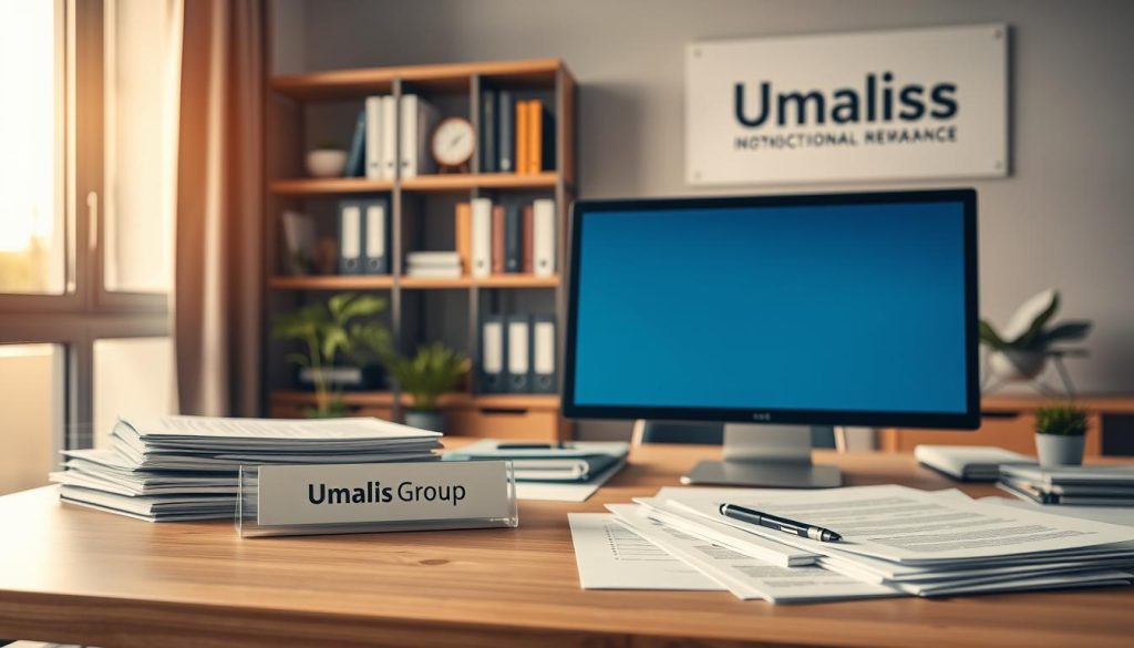 A modern office setting with a desk, computer, and paperwork, highlighting the administrative processes of a Umalis Group salarial portage company. Soft, warm lighting from a large window bathes the scene in a professional, productive atmosphere. The desk is neatly organized, with a nameplate displaying "Umalis Group" and various files and documents related to payroll, contracts, and HR management. In the background, a bookshelf filled with business references and a wall-mounted company logo subtly convey the core services of the salarial portage firm. The overall composition emphasizes the efficient, structured nature of the administrative tasks involved in managing freelance employment.