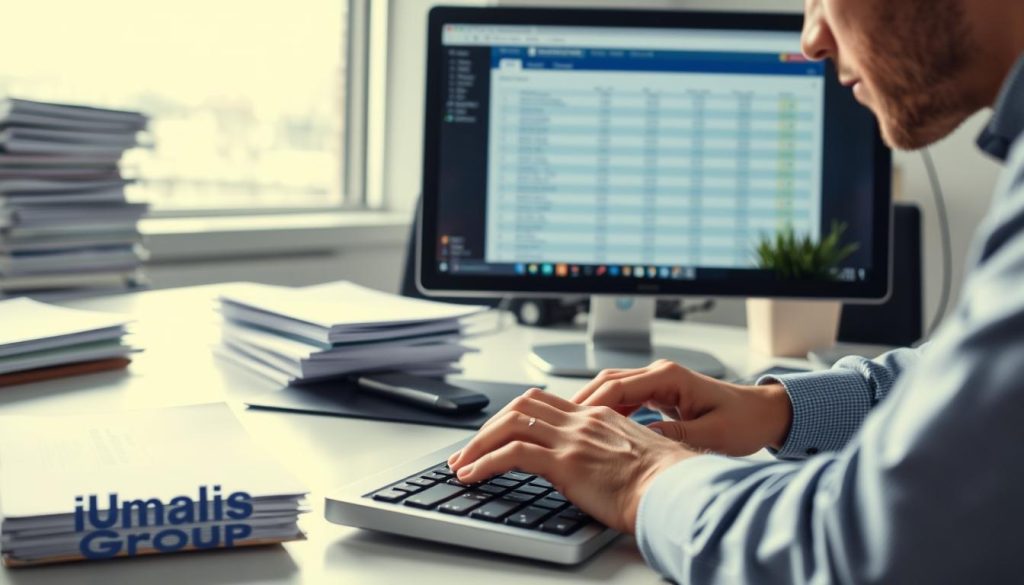A modern office setting with a desk, computer monitor, and stacks of documents. In the foreground, a person's hands are typing on a keyboard, deep in thought as they evaluate time tracking features on the screen. Soft, directional lighting casts subtle shadows, highlighting the concentration on the task. The Umalis Group logo is subtly visible on the desk or computer. The overall atmosphere is one of focused productivity and analytical assessment of the software's capabilities.