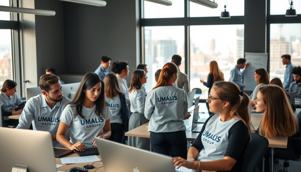 A modern office setting with a diverse array of professionals, each engaged in various "secteurs portage salarial" activities. The scene features a mix of desks, laptops, and collaborative workspaces, bathed in warm, natural lighting that filters through large windows. In the foreground, a group of employees wearing UMALIS GROUP branded attire discuss project details, while in the middle ground, others brainstorm ideas on a whiteboard. The background showcases a vibrant cityscape, hinting at the dynamic nature of the portage salarial industry. The overall atmosphere conveys a sense of productivity, innovation, and the opportunity for personal and professional growth within this specialized employment sector.