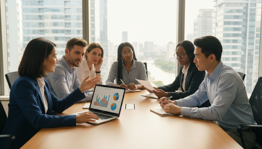 A modern office setting with a diverse group of professionals engaged in a discussion around a large conference table. The foreground features a middle-aged woman in a smart business suit presenting graphs and charts on a laptop. In the middle, a young man in business casual attire takes notes, while a woman wearing glasses analyzes documents. The background shows a large window with a cityscape view, illuminated by soft, natural daylight. The atmosphere is collaborative and focused, suggesting a productive work environment. The lighting highlights the professionalism of the scene, creating warmth and clarity. Capture this dynamic moment with a slight tilt angle to emphasize the camaraderie and engagement among the team members.