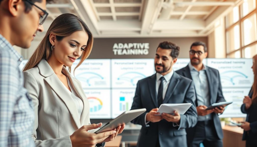 A modern office setting with a diverse group of professionals engaged in collaborative learning. In the foreground, a woman in smart business attire is reviewing a digital tablet, displaying interactive training modules, while a man beside her is taking notes. In the middle, there are large screens showing diagrams of personalized learning pathways, symbolizing adaptive training. The background features a bright, well-lit workspace with motivational posters about career growth and development. Soft natural light filters through large windows, creating an inviting atmosphere. The overall mood is one of motivation and professional development. The logo "UMALIS GROUP" is subtly visible on the screens. High-quality, close-up angle.