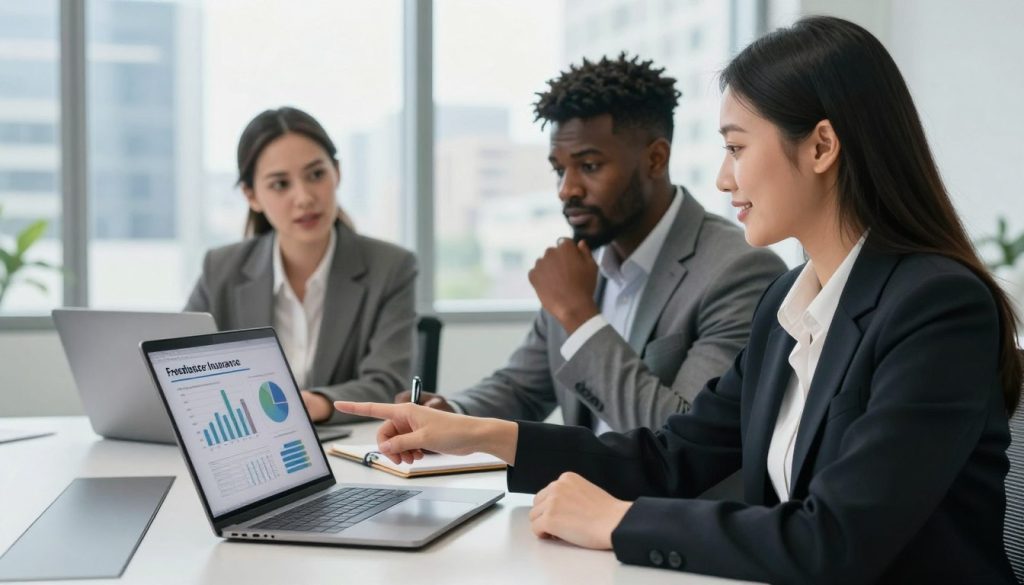 A modern office setting, with a diverse group of three professionals in business attire gathered around a sleek conference table. In the foreground, a focused Asian woman points at a laptop screen displaying graphs and charts related to freelance insurance. In the middle, a Black man takes notes while a Caucasian woman gestures thoughtfully, embodying collaboration and discussion. The background features large windows overlooking a cityscape, with natural light streaming in, creating a bright, positive atmosphere. Use a soft focus for the background while keeping the professionals sharp and in focus. The mood is one of professionalism and engagement, emphasizing security and responsibility in the world of independent careers. A modern office setting, with a diverse group of three professionals in business attire gathered around a sleek conference table. In the foreground, a focused Asian woman points at a laptop screen displaying graphs and charts related to freelance insurance. In the middle, a Black man takes notes while a Caucasian woman gestures thoughtfully, embodying collaboration and discussion. The background features large windows overlooking a cityscape, with natural light streaming in, creating a bright, positive atmosphere. Use a soft focus for the background while keeping the professionals sharp and in focus. The mood is one of professionalism and engagement, emphasizing security and responsibility in the world of independent careers.