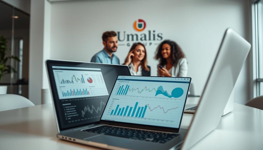 A modern office setting with a focus on the challenges of the portage salarial model. In the foreground, a laptop displays graphs and charts, representing the complexities of financial management and administration. In the middle ground, a group of professionals engage in a lively discussion, their expressions reflecting the challenges they face. The background features the Umalis Group logo, symbolizing the support and guidance they provide to navigate these obstacles. Soft, diffused lighting sets a contemplative mood, while the composition suggests a harmonious balance between technology and human interaction.